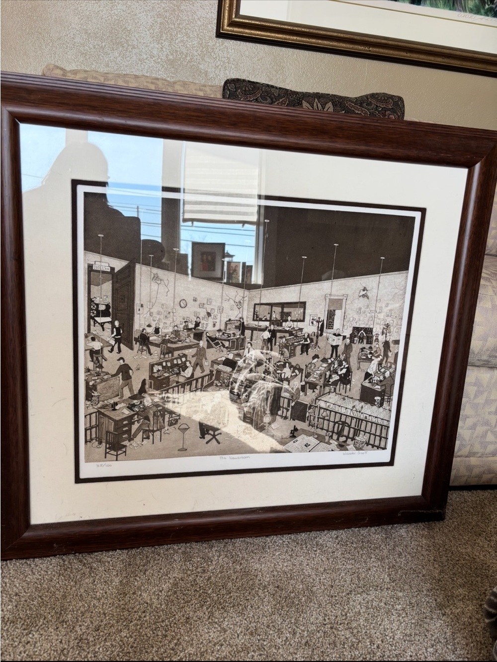 Framed Black & White Illustration Print in Dark Wood Frame